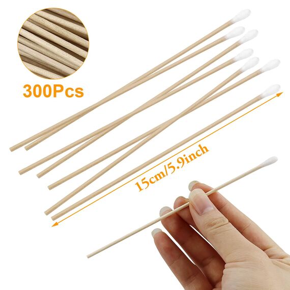 Wattestäbchen 300 Stück Langer Holzgriff Watteträger 15cm Reinigungsstäbchen für Kamera Tastatur Make-up Polieren Reinigung