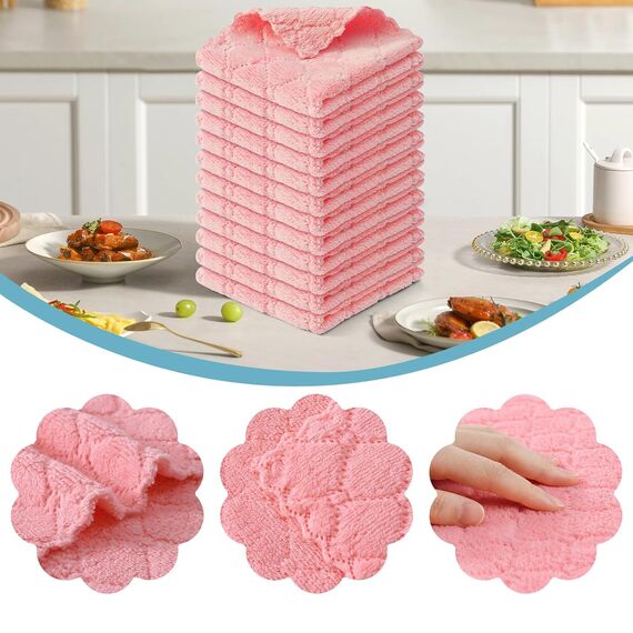 Moosfor Reinigungstücher Mikrofasertücher Waschbar Putzlappen Mikrofaser Weiche Fusselfrei Geschirrtücher Lappen Küchentücher, 12 Stück, 25x25 cm, Rosa