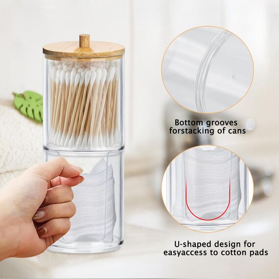 Gigmeta 3 Stück Acryl Wattestäbchen Behälter, Wattepads Aufbewahrung mit Bambus Deckeln, Wattestäbchen Halter, Wattestäbchen Behälter, Wattepadspender für Wohnzimmer, Schlafzimmer, Badezimmer