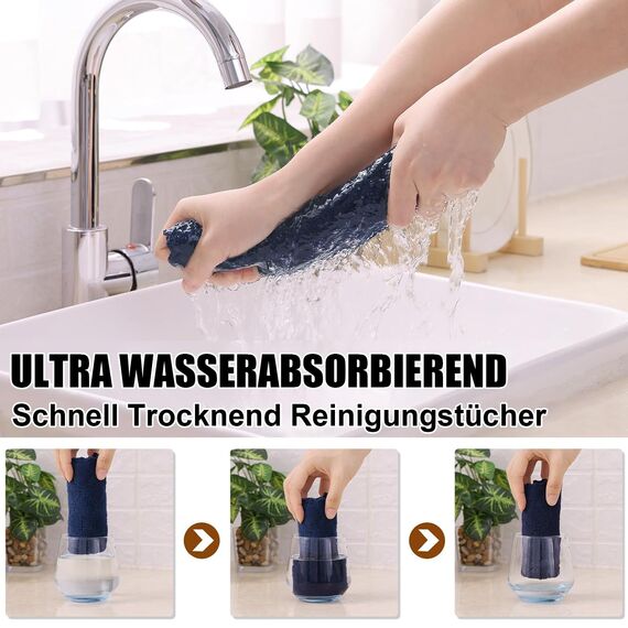Moosfor Reinigungstücher Mikrofasertücher, Saugfähige Waschbar Putzlappen Mikrofaser Autopflege Poliertuch, Weiche Fusselfrei Geschirrtücher Küchentücher, 6 Stück, 30x30 cm, Marine Blau