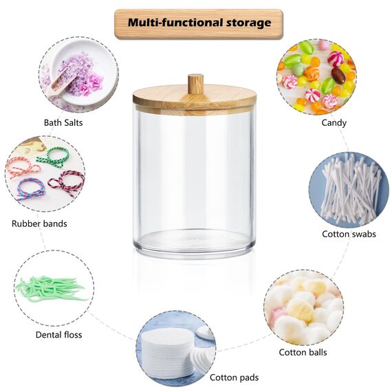 Gigmeta 3 Stück Acryl Wattestäbchen Behälter, Wattepads Aufbewahrung mit Bambus Deckeln, Wattestäbchen Halter, Wattestäbchen Behälter, Wattepadspender für Wohnzimmer, Schlafzimmer, Badezimmer