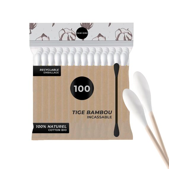 Wattestäbchen 100 – Candore – Stärkerer Bambusstab, weicher Baumwollkopf – Biologisch Abbaubar