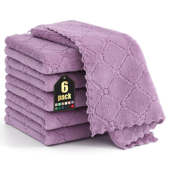 Moosfor Reinigungstücher Mikrofasertücher, Saugfähige Waschbar Putzlappen Mikrofaser Autopflege Poliertuch, Weiche Fusselfrei Geschirrtücher Küchentücher, 6 Stück, 30x30 cm, Lila