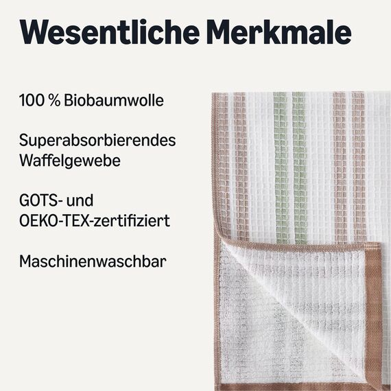Amazon Basics Waffel-Geschirrtücher aus 100% Bio-Baumwolle - Hochsaugfähig, Schnelltrocknend, Fusselfrei Küchentücher, 38 x 64 cm, 6er-Set (Sortiert Grün, Braun, Weiß)