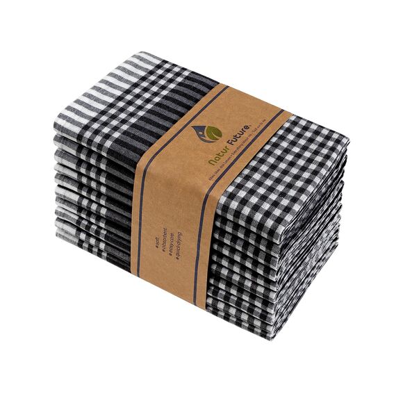 NATUR FUTURE® Geschirrtücher Baumwolle, 10er Set Schwarz, 45x65cm, mit Aufhänger, Vintage Look kariert, Geschirrhandtücher Küchenhandtücher Küchentücher Putzlappen Trockentücher