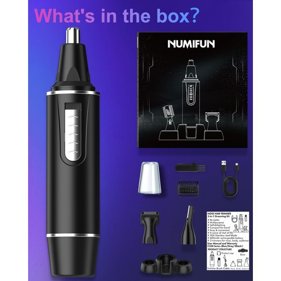 Nasenhaartrimmer Herren, 3 in 1 Nasenhaarentferner und Ohrhaarschneider, USB Wiederaufladbar Ohrhaarschneider mit PrecisionTrim-Technologie, Doppelschneideklingen, IPX7 Wasserdicht, Einfache Reinigung
