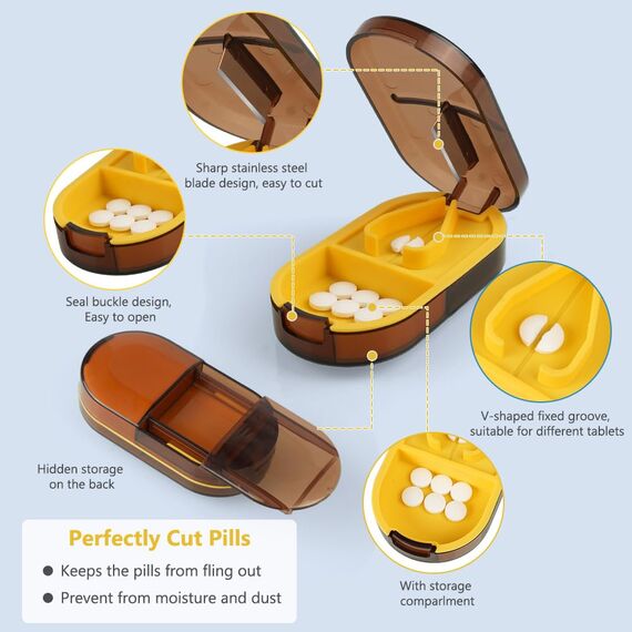 ACWOO Tablettenteiler, Tablettenteiler für Kleine und Große Tabletten, Tablettenschneider in Halbe Viertel Schneiden, Pillenschneider Tablettenzerteiler für Reise & Täglichen (Transparente Braun)
