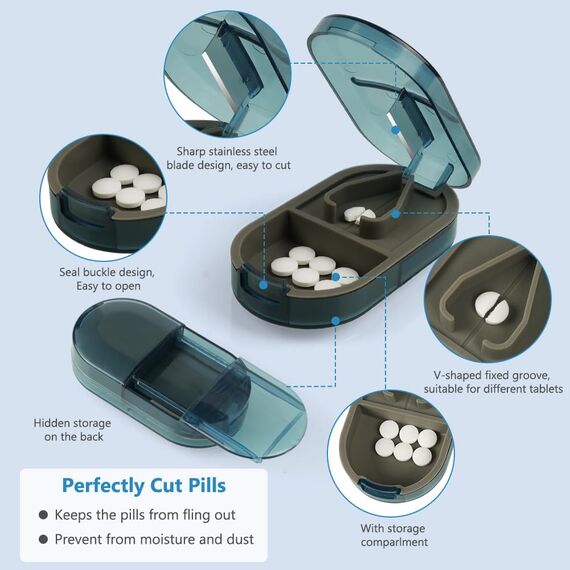 ACWOO Tablettenteiler, Tablettenteiler für Kleine und Große Tabletten, Tablettenschneider in Halbe Viertel Schneiden, Pillenschneider Tablettenzerteiler für Reise & Täglichen (Transparente Tinte Blau)