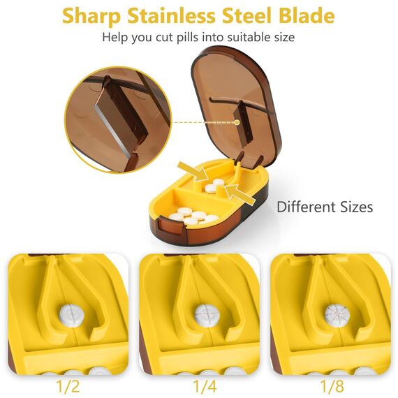 ACWOO Tablettenteiler, Tablettenteiler für Kleine und Große Tabletten, Tablettenschneider in Halbe Viertel Schneiden, Pillenschneider Tablettenzerteiler für Reise & Täglichen (Transparente Braun)