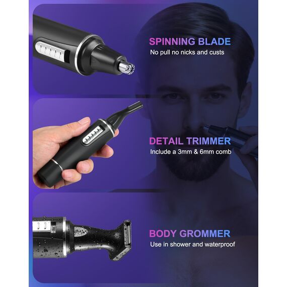Nasenhaartrimmer Herren, 3 in 1 Nasenhaarentferner und Ohrhaarschneider, USB Wiederaufladbar Ohrhaarschneider mit PrecisionTrim-Technologie, Doppelschneideklingen, IPX7 Wasserdicht, Einfache Reinigung