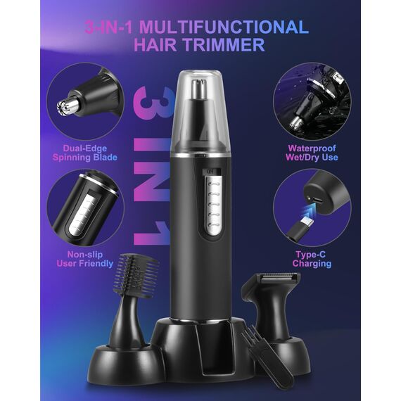 Nasenhaartrimmer Herren, 3 in 1 Nasenhaarentferner und Ohrhaarschneider, USB Wiederaufladbar Ohrhaarschneider mit PrecisionTrim-Technologie, Doppelschneideklingen, IPX7 Wasserdicht, Einfache Reinigung