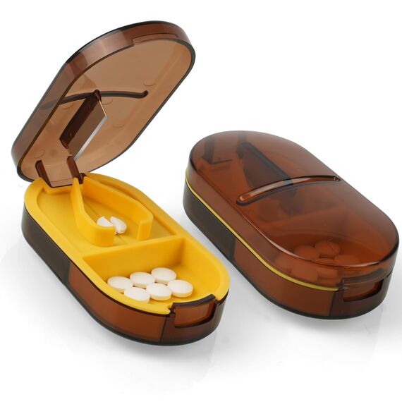 ACWOO Tablettenteiler, Tablettenteiler für Kleine und Große Tabletten, Tablettenschneider in Halbe Viertel Schneiden, Pillenschneider Tablettenzerteiler für Reise & Täglichen (Transparente Braun)