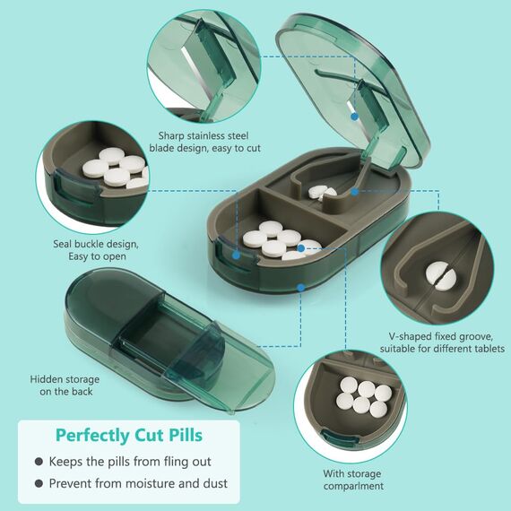 ACWOO Tablettenteiler, Tablettenteiler für Kleine und Große Tabletten, Tablettenschneider in Halbe Viertel Schneiden, Pillenschneider Tablettenzerteiler für Reise & Täglichen (Transparente Dunkelgrün)