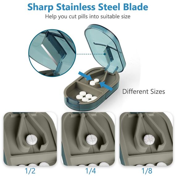 ACWOO Tablettenteiler, Tablettenteiler für Kleine und Große Tabletten, Tablettenschneider in Halbe Viertel Schneiden, Pillenschneider Tablettenzerteiler für Reise & Täglichen (Transparente Tinte Blau)