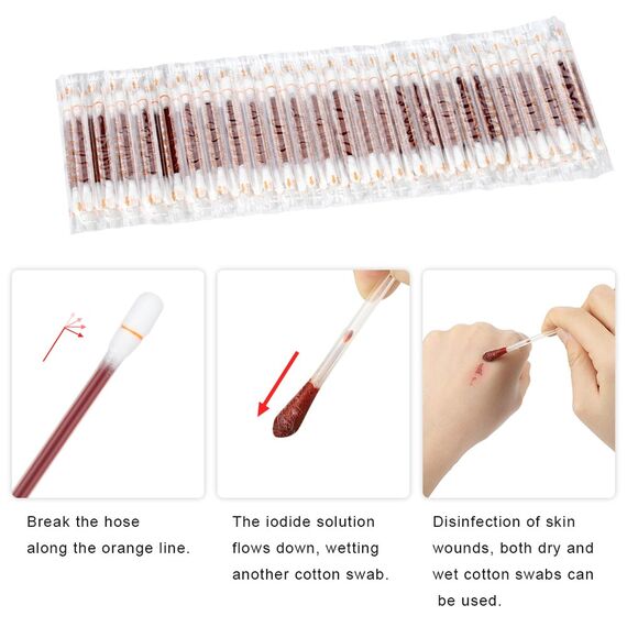 50 Stk. Einweg-Wattestäbchen mit Jodophor zur Hautdesinfektion, Einweg-Wundetupfer, Jod-Wattestäbchen für Tattoos, hölzerne Tupfer, doppelseitige Jod-Tupfer