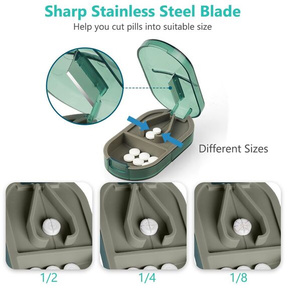 ACWOO Tablettenteiler, Tablettenteiler für Kleine und Große Tabletten, Tablettenschneider in Halbe Viertel Schneiden, Pillenschneider Tablettenzerteiler für Reise & Täglichen (Transparente Dunkelgrün)
