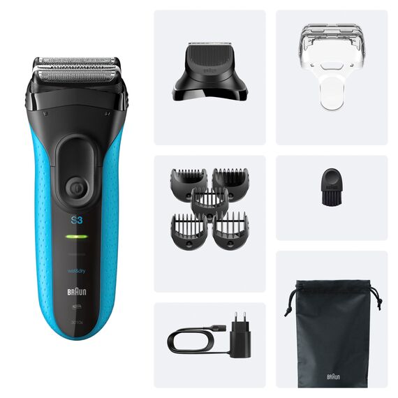 Braun Series 3+ Rasierer Herren Elektrisch, Elektrorasierer mit 3 Flexiblen Klingen, Rasierapparat Made in Germany, Barttrimmer-Aufsatz, +5 Kammaufsätze, Nass- & Trockenrasierer, 3010BT, Blau