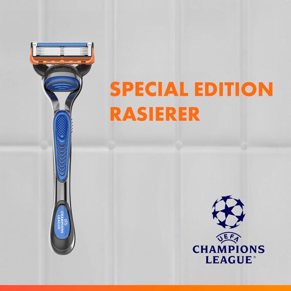 Gillette Fusion5 Rasierer für Männer, UEFA Champions League Special Edition — Inkl. 1 Gillette Nassrasierer, 4 Ersatzklingen mit Gleitstreifen und 5 Klingen, Langanhaltende Rasur, Rasiergel 200 ml