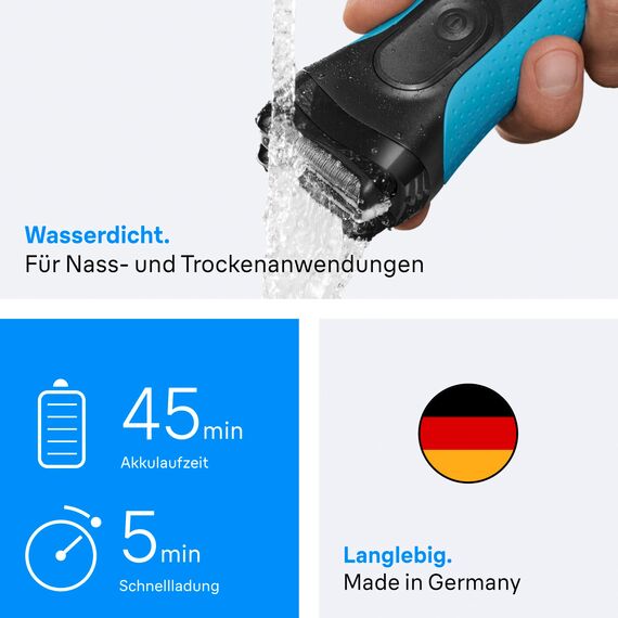 Braun Series 3+ Rasierer Herren Elektrisch, Elektrorasierer mit 3 Flexiblen Klingen, Rasierapparat Made in Germany, Barttrimmer-Aufsatz, +5 Kammaufsätze, Nass- & Trockenrasierer, 3010BT, Blau