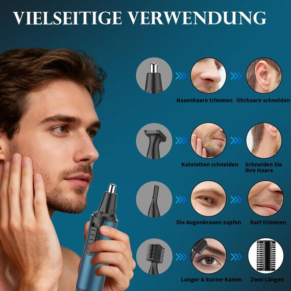 Nasenhaartrimmer Herren, 3 in 1 Nasenhaarentferner und Ohrhaarschneider, USB Wiederaufladbar Ohrhaarschneider mit Doppelschneideklingen für Männer und Frauen, IPX7 Wasserdicht, Einfache Reinigung
