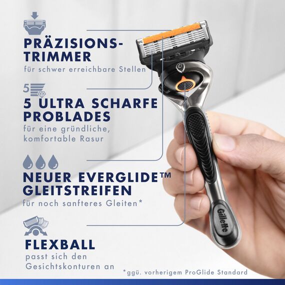 Gillette Proglide Klingen, 4 Original Ersatzklingen, Rasierklingen für Herren, 2x Gleitstreifen vor und nach den Klingen und EverGlide Gleitstreifen für unglaubliche Gründlichkeit und Komfort