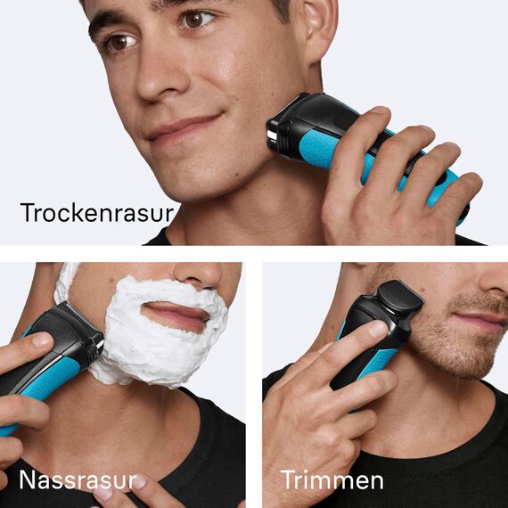 Braun Series 3+ Rasierer Herren Elektrisch, Elektrorasierer mit 3 Flexiblen Klingen, Rasierapparat Made in Germany, Barttrimmer-Aufsatz, +5 Kammaufsätze, Nass- & Trockenrasierer, 3010BT, Blau