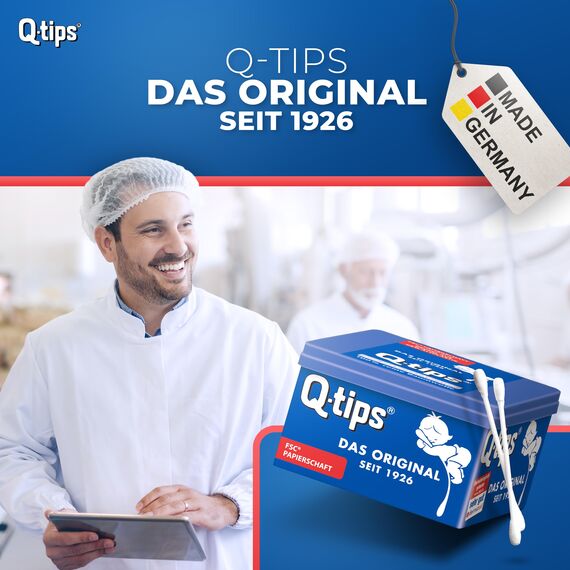 Q-tips Pflege-Wattestäbchen mit Papierschaft, Würfelbox, Vorteilspack (9x 206 Stück), 100% biologisch abbaubar, Baumwolle ohne Plastik, Reinigung der Ohren, Abschminken und Korrektur von Makeup