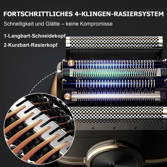 FitSan Elektrorasierer Herren – Folienrasierer mit 4 flexiblen Klingen für Glatze & Bart – IPX7 wasserdicht (Nass/Trocken) – Kabelloser Kopfrasierer mit Led Display schneller Ladung