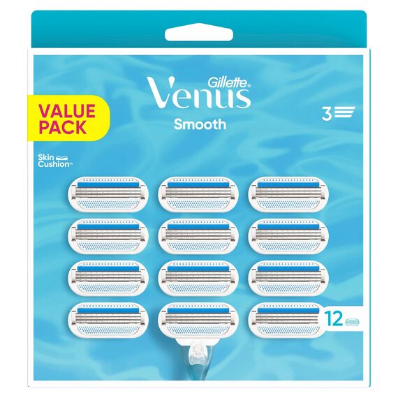 Gillette Venus Smooth Damenrasierer Ersatzklingen, Set von12, mit 3 sich der Körperkontur anpassenden Klingen, umgeben von Schutzkissen