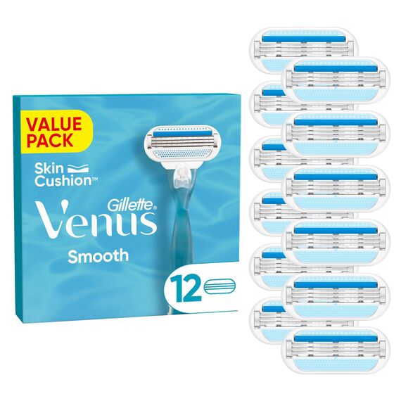 Gillette Venus Smooth Damenrasierer Ersatzklingen, Set von12, mit 3 sich der Körperkontur anpassenden Klingen, umgeben von Schutzkissen