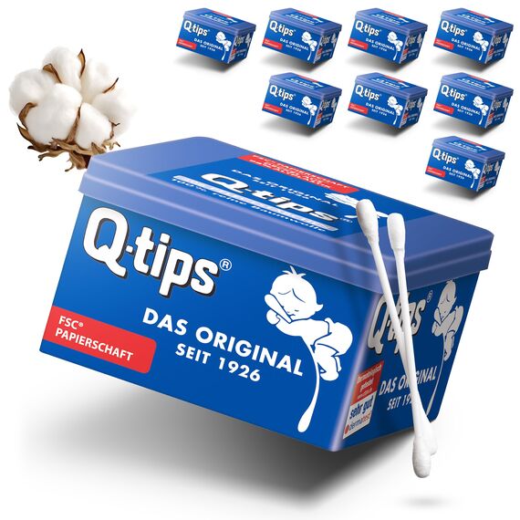 Q-tips Pflege-Wattestäbchen mit Papierschaft, Würfelbox, Vorteilspack (9x 206 Stück), 100% biologisch abbaubar, Baumwolle ohne Plastik, Reinigung der Ohren, Abschminken und Korrektur von Makeup
