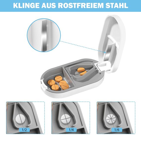 Tablettenteiler für Alle Tabletten, Tablettenschneider für Kleine & Große Pillen, 2 IN 1 Tabletten Schneider mit Aufbewahrungsfach & Klingen, Tablettenspalter Pillenschneider Tablettenzerteiler Weiß