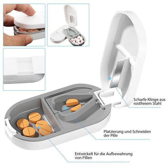 Tablettenteiler für Alle Tabletten, Tablettenschneider für Kleine & Große Pillen, 2 IN 1 Tabletten Schneider mit Aufbewahrungsfach & Klingen, Tablettenspalter Pillenschneider Tablettenzerteiler Weiß