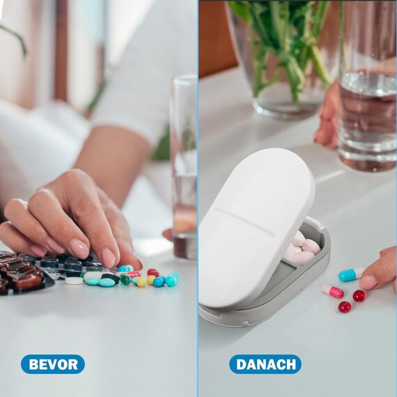 Tablettenteiler für Alle Tabletten, Tablettenschneider für Kleine & Große Pillen, 2 IN 1 Tabletten Schneider mit Aufbewahrungsfach & Klingen, Tablettenspalter Pillenschneider Tablettenzerteiler Weiß