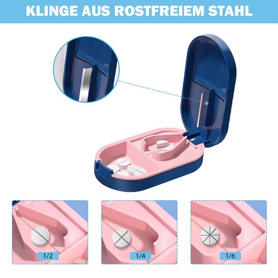 Tablettenteiler für Alle Tabletten, Tablettenschneider für Kleine & Große Pillen, 2 IN 1 Tabletten Schneider & Aufbewahrungsfach und Klingen, Tablettenspalter Pillenschneider Tablettenzerteiler Blau