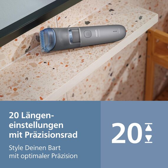 Philips Bartschneider 3000er-Serie – selbstschärfende Klingen mit abgerundeten Spitzen, 20 Längeneinstellungen, Lift&Trim-Kamm, 100% wasserdicht, Akkuanzeige, USB-Ladegerät, Modell BT3619/15