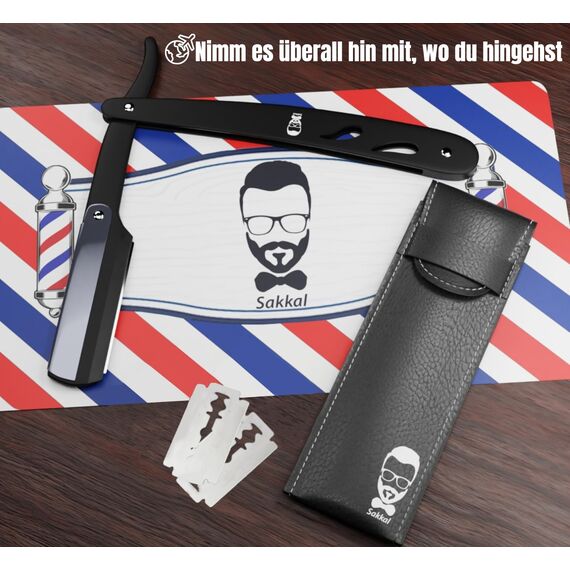 Rasiermesser Barber set 20 Halbe Klingen Etui Leder Reise SAKKAL |Rasierer Friseur Herren Handbart Barber Professional Kit Classic Handpflege Precision Friseurmechanik bartschablonen (Schwarz)