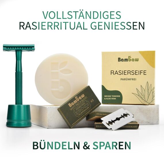 Bambaw Rasierhobel mit Ständer & 5 Rasierklingen für Rasierhobel, Rasierer Metall mit Ausgeglichenem Gewicht für Volle Kontrolle, Für Eine Gründliche & Glatte Rasur (Smaragdgrün)