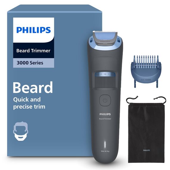 Philips Bartschneider 3000er-Serie – selbstschärfende Klingen mit abgerundeten Spitzen, 20 Längeneinstellungen, Lift&Trim-Kamm, 100% wasserdicht, Akkuanzeige, USB-Ladegerät, Modell BT3619/15