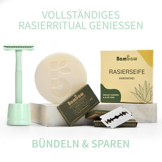 Bambaw Rasierhobel Metall mit 5 Scharfen & Rostfreien Rasierklingen aus Schwedischem Edelstahl, Rasier Hobel Wiederverwendbar & Sicher, Für Eine Präzise & Sanfte Rasur (Mint-Grün)