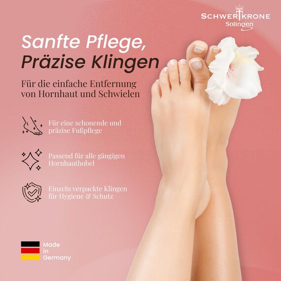 SCHWERTKRONE® Hornhauthobel Klingen [MADE IN SOLINGEN - GERMANY] - Hornhaut Hobel Klingen - Hornhauthobel Ersatzklingen - Professionelle Klingen mit Premium Qualität - Einzeln verpackt (50 Stück)