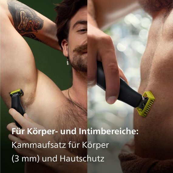 Philips OneBlade Pro 360 Face & Body – Elektrischer Bartschneider, Rasierer und Bodygroomer, 2x 360-Klingen, 1x Original-Klinge, 1x Kamm mit 14 Längen, 2x Körperaufsätze & Reiseetui, QP6651/35