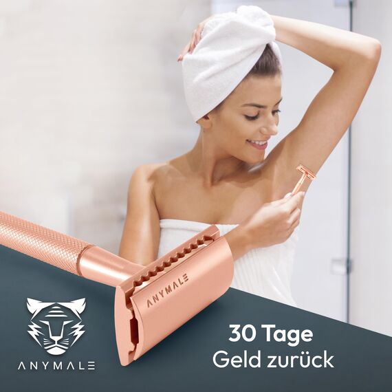 ANYMALE® Rasierhobel Damen - Set mit Ständer, Reiseschutz und 5 Klingen - Zero Waste Rasierer aus Metall - Rasierhobel Rosegold Edition