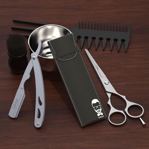 Rasiermesser Barber set 20 Halbe Klingen Etui Leder Reise SAKKAL |Rasierer Friseur Herren Handbart Barber Professional Kit Classic Handpflege Precision Friseurmechanik bartschablonen (Graues)
