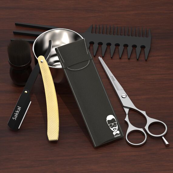 Rasiermesser Barber set 20 Halbe Klingen Etui Leder Reise SAKKAL |Rasierer Friseur Herren Handbart Barber Professional Kit Classic Handpflege Precision Friseurmechanik bartschablonen (Gold)