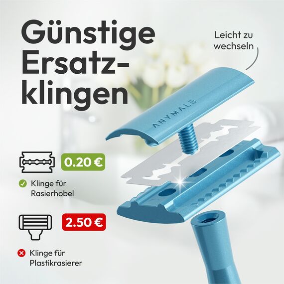ANYMALE® Rasierhobel - Set mit Ständer und Klingenschutz - 5 Klingen inklusive - Zero Waste Rasierer für Damen und Herren - Arctic Edition