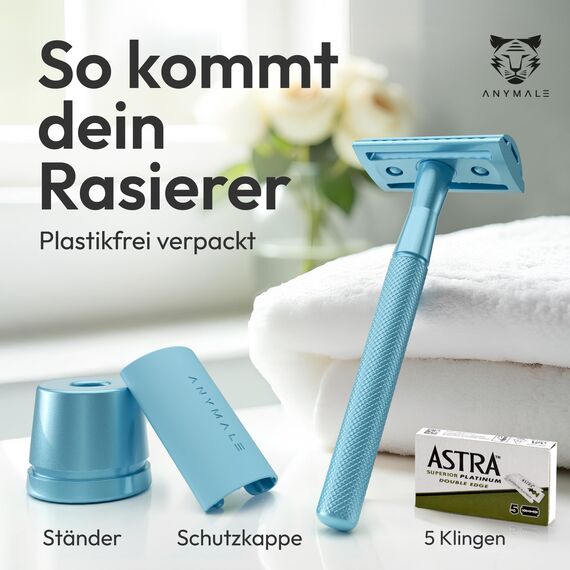 ANYMALE® Rasierhobel - Set mit Ständer und Klingenschutz - 5 Klingen inklusive - Zero Waste Rasierer für Damen und Herren - Arctic Edition