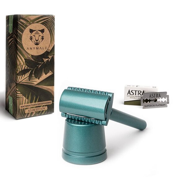 ANYMALE® Plastikfreier Rasierhobel Azure Edition - Set mit Ständer und 5 ASTRA Klingen - Nassrasierer für Damen und Herren
