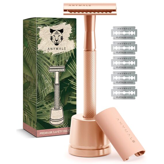 ANYMALE® Rasierhobel Damen - Set mit Ständer, Reiseschutz und 5 Klingen - Zero Waste Rasierer aus Metall - Rasierhobel Rosegold Edition