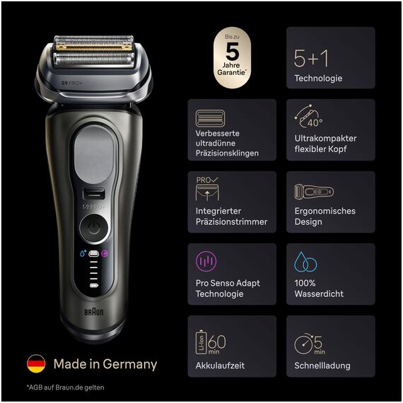 Braun Series 9 PRO+ Rasierer Herren Elektrisch, 5+1 Ultradünne Klingen, Elektrorasierer, Rasierapparat mit 60 Min. Akku, Reinigungsstation, Nass- und Trockenrasierer, Made in Germany, 9665cce, Graphit
